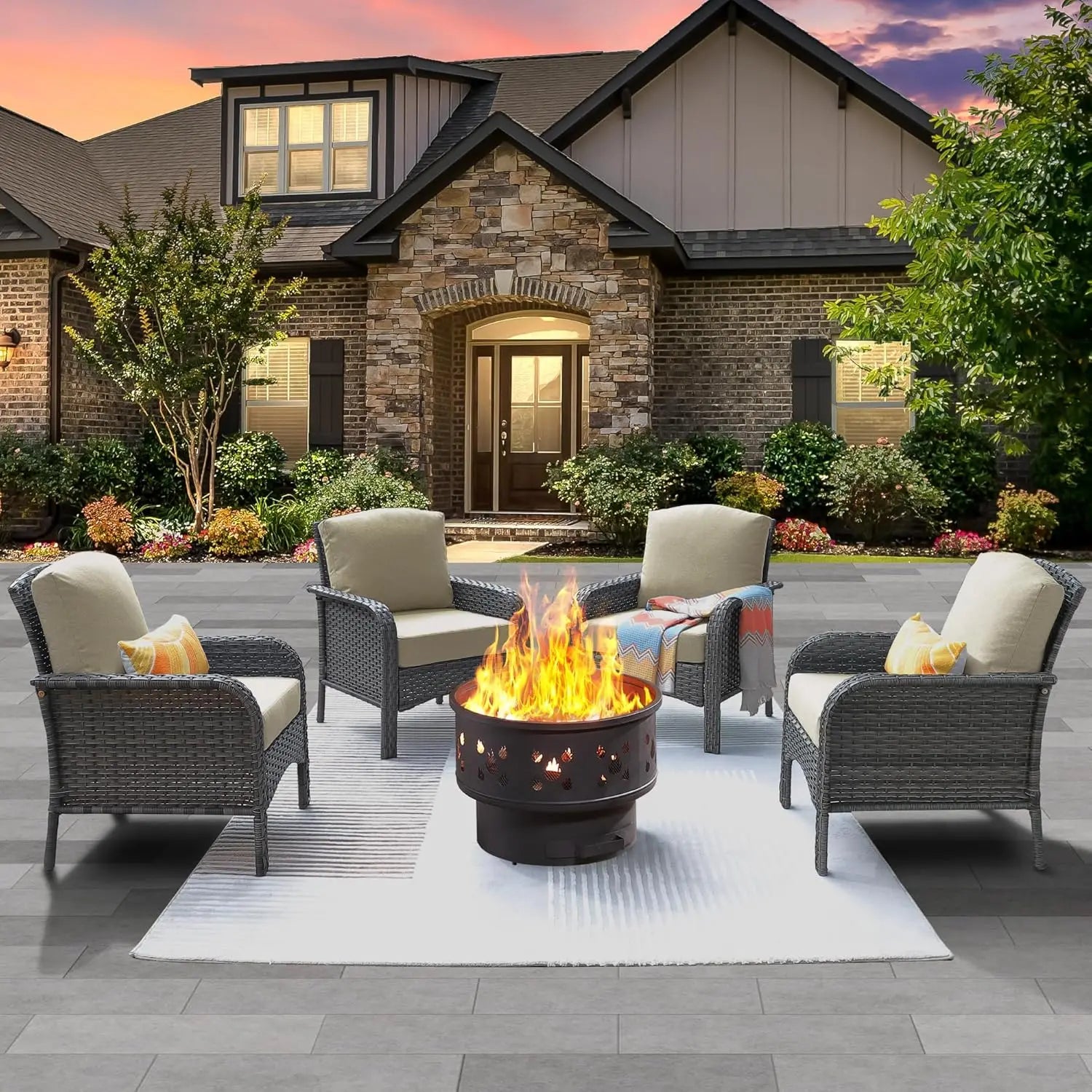 4 Pieces Patio Furniture Set with 30" Fire Pit Table