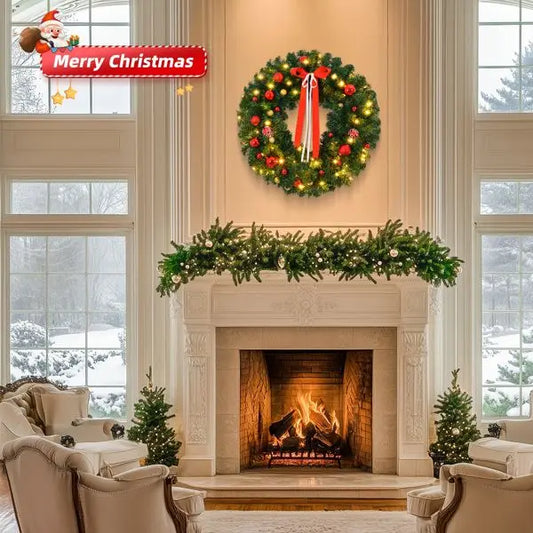 36in Lighted Artificial Christmas Wreath with Warm LED Lights & Timer