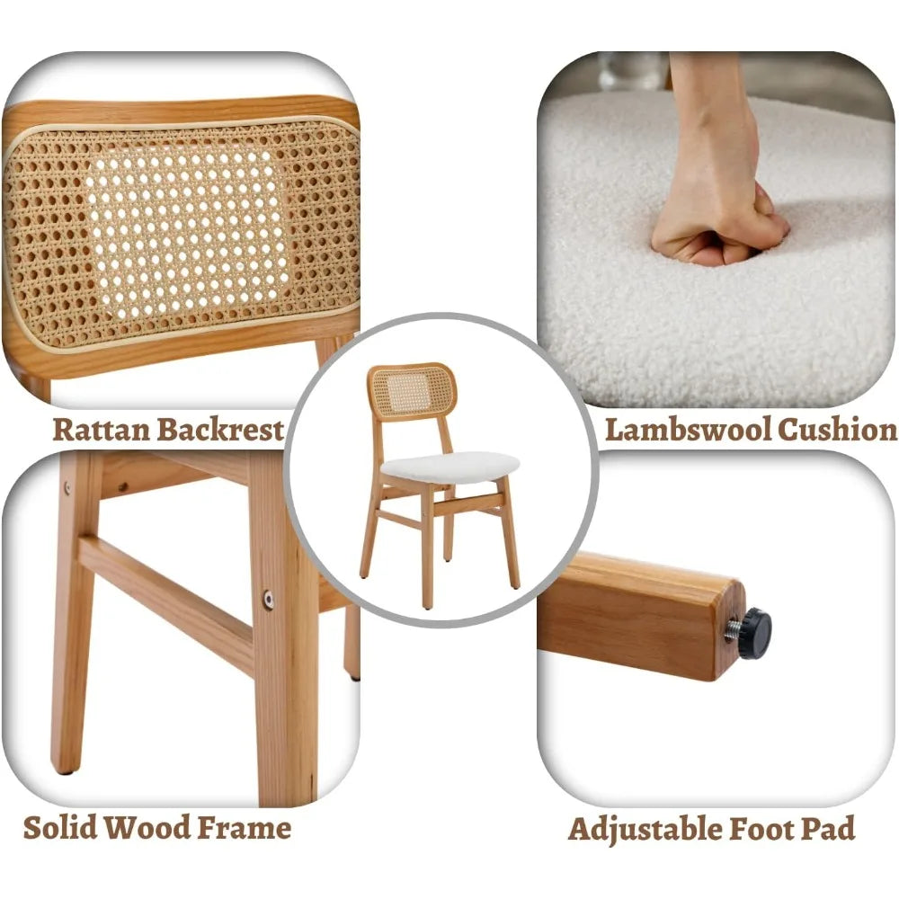 Rattan Dining Chairs Set of 2 Curved Back Farmhouse Dining Room Chairs Mid Century Modern Wood Kitchen Chairs Sherpa Upho