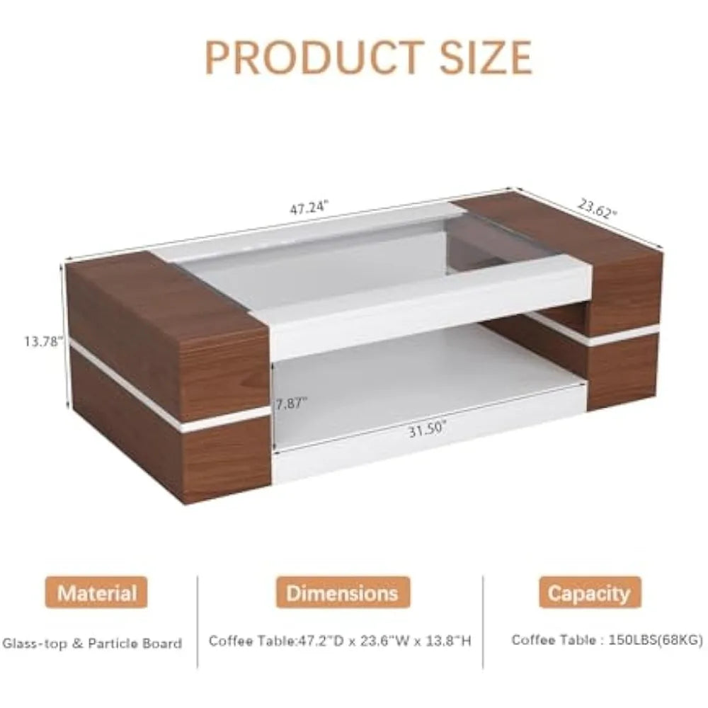 47.2" Modern Stylish Coffee Table with Glass Table Top