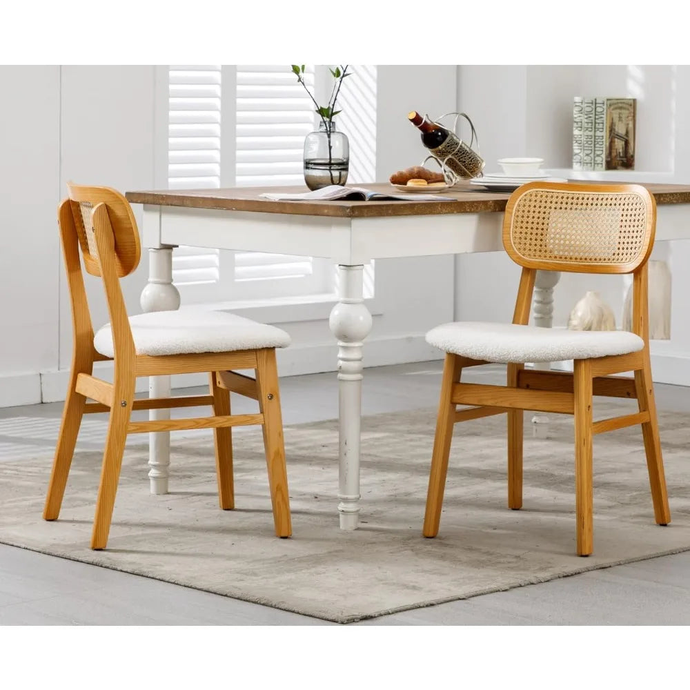 Rattan Dining Chairs Set of 2 Curved Back Farmhouse Dining Room Chairs Mid Century Modern Wood Kitchen Chairs Sherpa Upho