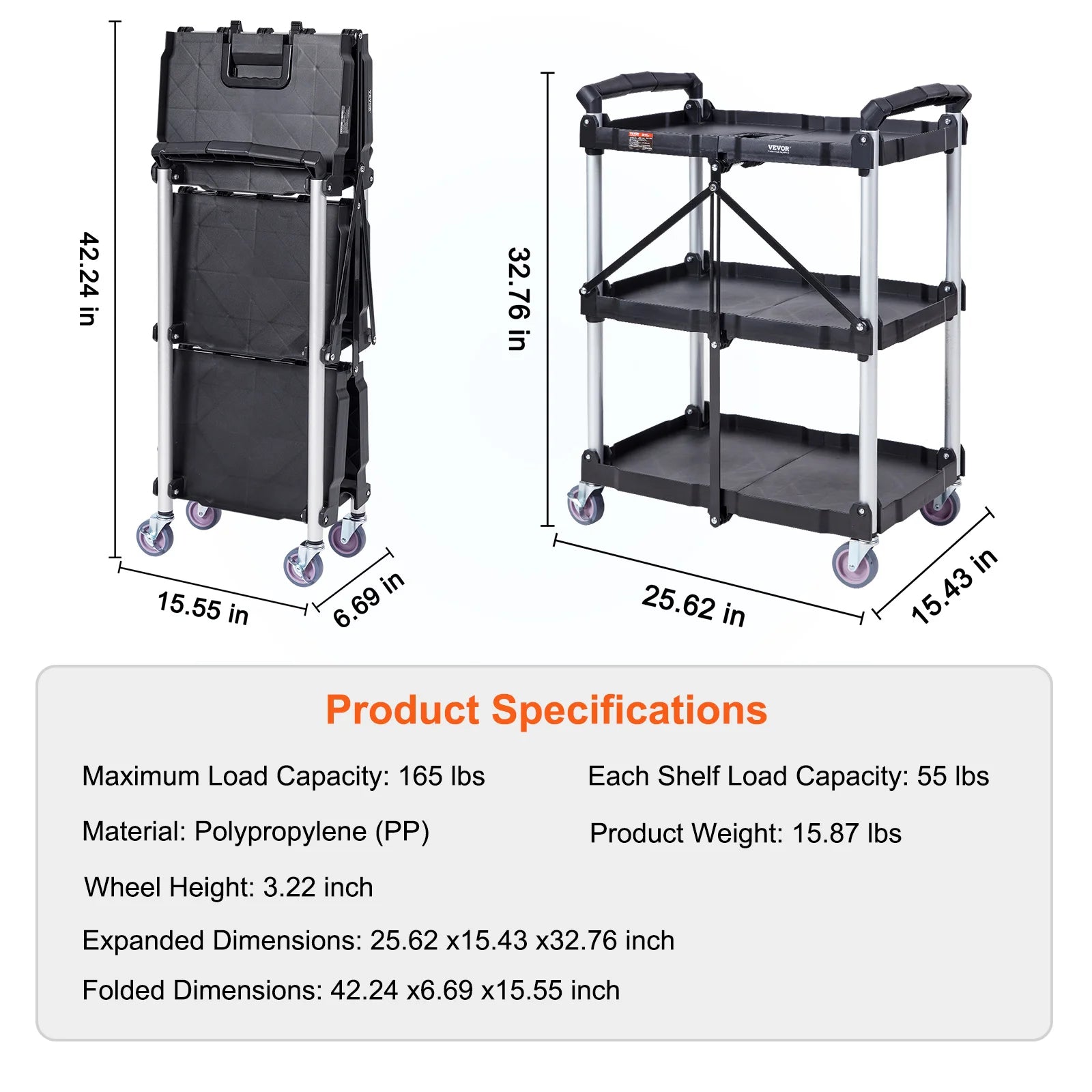 3 Tier Folding Rolling Utility Cart