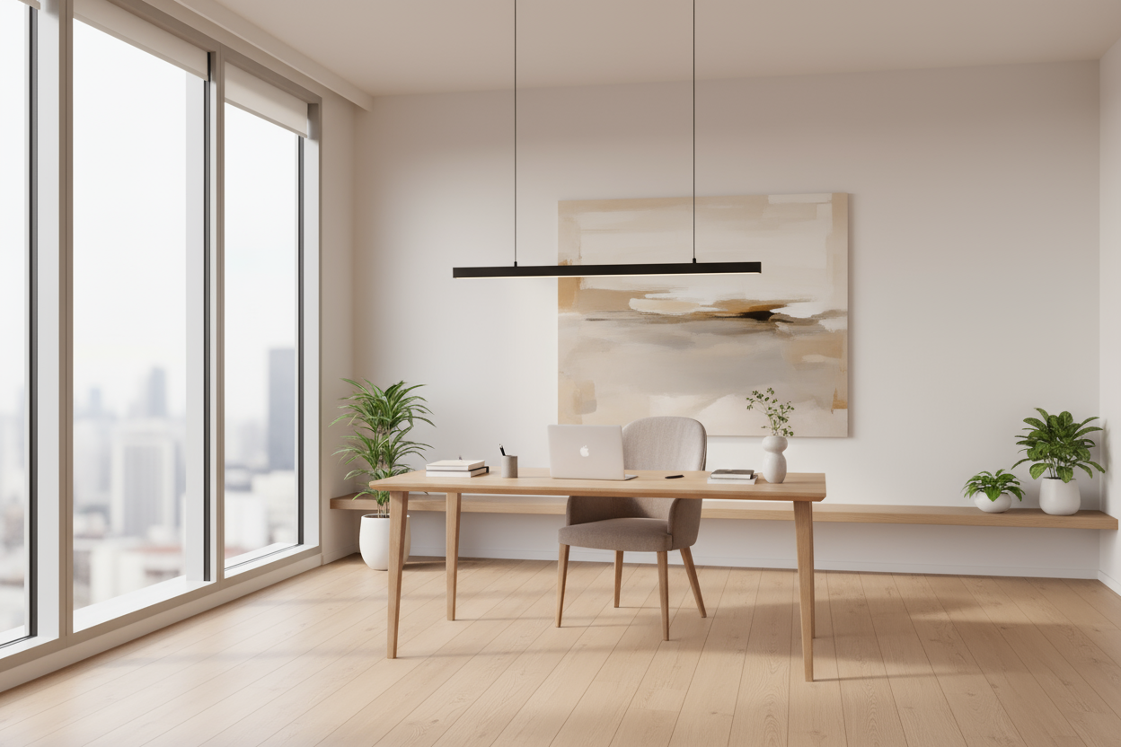 create me a office space that looks modern and use neutrual colors make it look realisitc