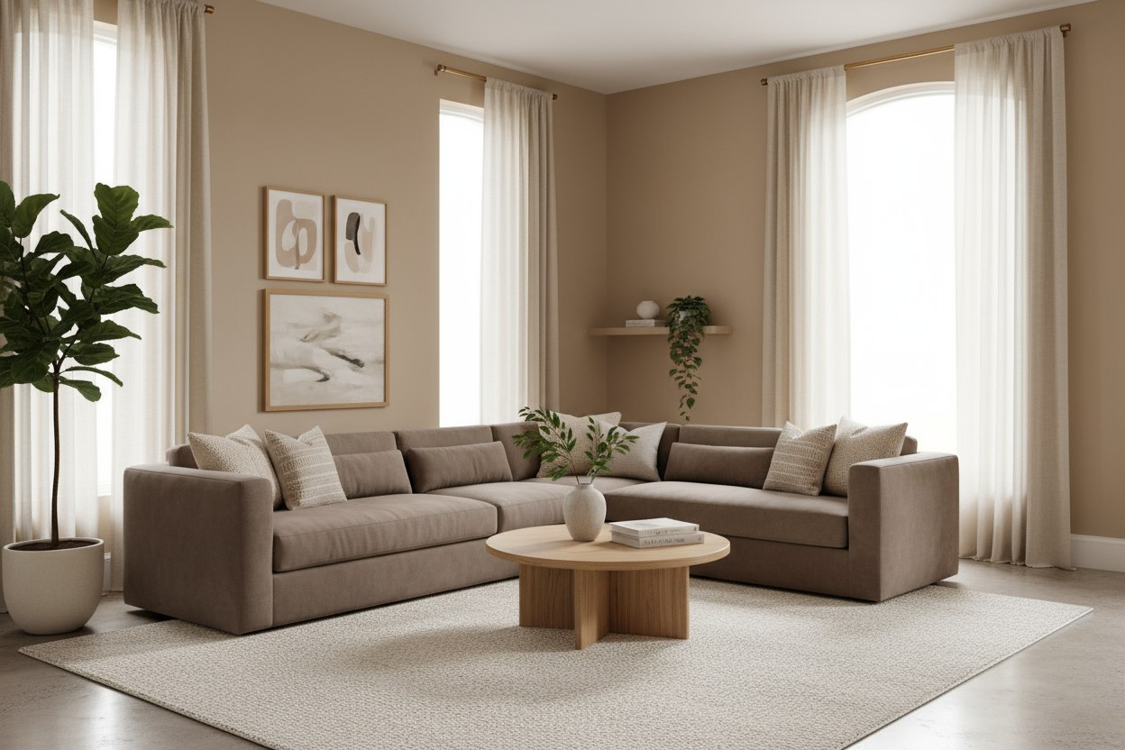 create me an image of a living room using beige and netural colors - make it realistic